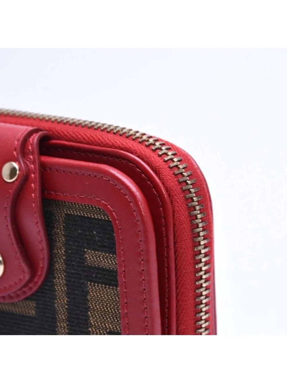 Fendi Compact Wallet Bifold Zucca Pattern Canvas Leather Brown Red Gold